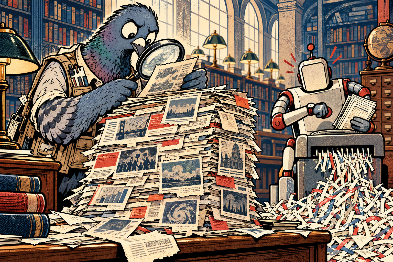 Satirical pigeon checks newspaper clippings while a robot feeds papers into a shredder