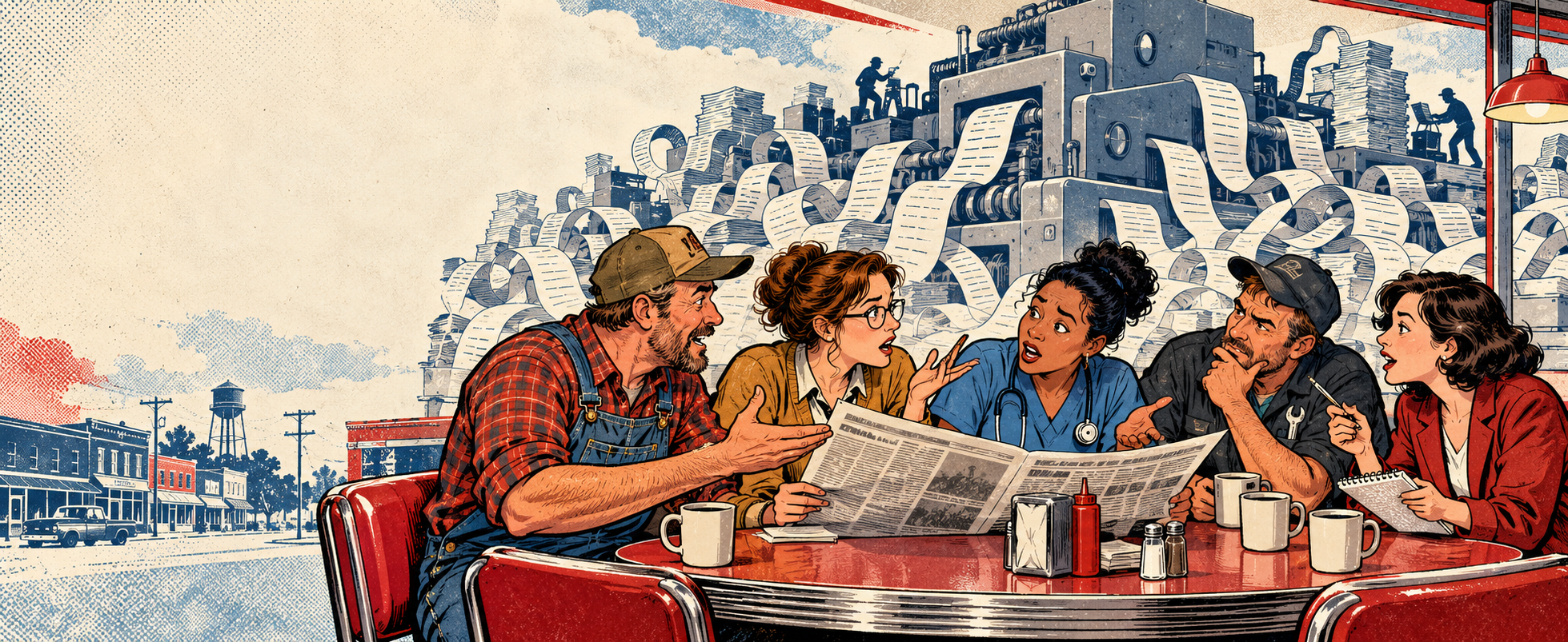 Satirical illustration of Americans debating the news at a diner while a giant paperwork machine looms behind them